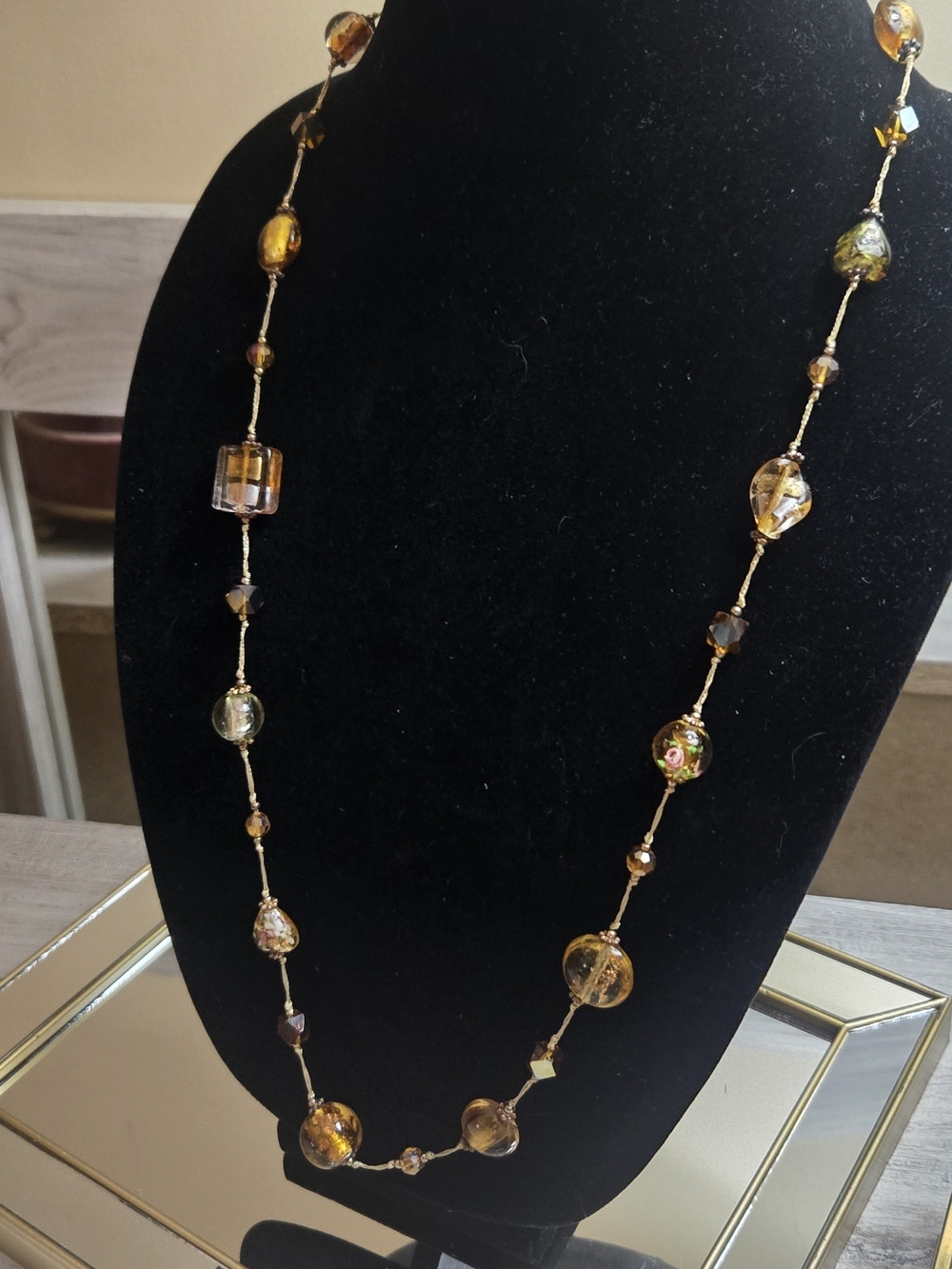 Vintage Italian Murano Amber Glass Bead Long Necklace